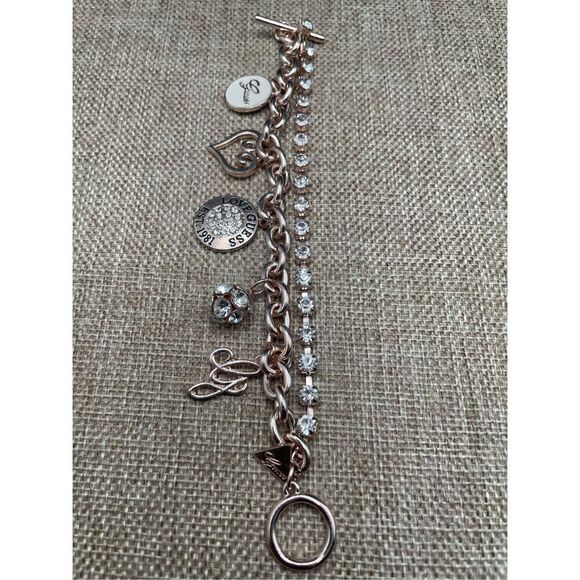 Vintage Guess Charmed Bracelet  Double-strand  Gold-tone Crystal, Rhinestones, H - Picture 4 of 9